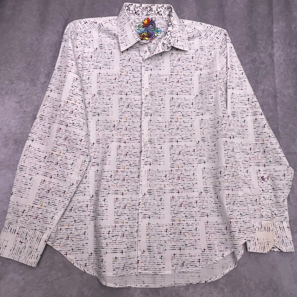 Robert Graham Button Down Shirt Mens XL White Multi Excellent Classic Fit Dragon